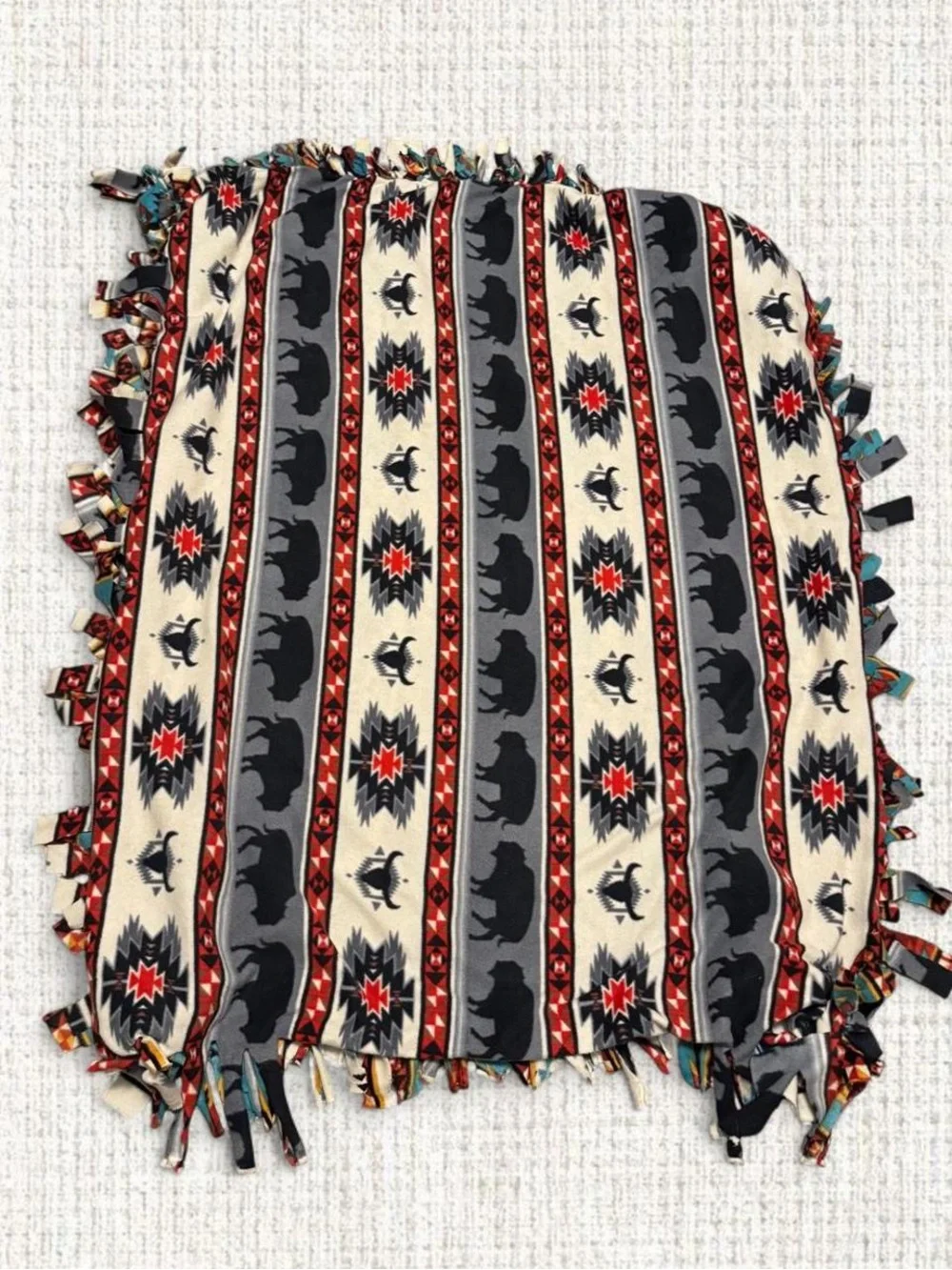 Handmade Reversible Southwest Bison Fleece Tie Blanket Western Aztec Throw